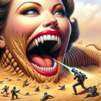 giantess tongue armor blue_eyes teeth brunette military queen guns helmet lasers dune sandworm ai_art emperor