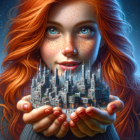 giantess city mega blue_eyes handheld buildings red_hair shrunken_city red_nails freckles ai_art poisonpen