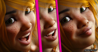 vore mega green_eyes smiling lips elf cute shrunken_people voluptuous freckles on_tongue on_lip digital_render opal ashkiiwolf