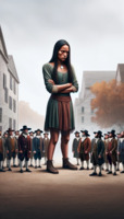 breasts giantess mega black_hair long_hair skirt boots town dark_skin hat necklace native_american bare_legs ai_art poisonpen wampanoag puritans