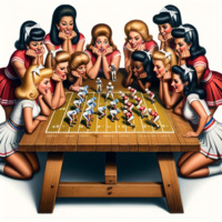 breasts giantess blonde black_hair skirt brunette socks cheerleader shrunken_men table giantesses dark_skin football hair_bow earrings cheerleader_outfit hairband helmet bare_legs looking_at_tinies football_players ai_art poisonpen