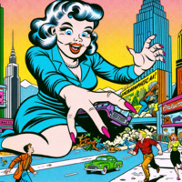 breasts giantess city mega black_hair blue_eyes cleavage skirt buildings street kneeling bus reaching vehicles vintage necklace crowds running_away purple_nails billboard bare_legs ai_art poisonpen