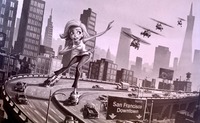 breasts drawing giantess white_hair city mega monochrome buildings helicopter military ginormica short_hair highway pants vehicles monsters_vs_aliens roller_skates san_francisco running_away sign lamppost water_tower billboard susan_murphy dreamworks concept_art transamerica_pyramid