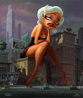 drawing giantess white_hair city mega color blue_eyes barefoot buildings ginormica dress short_hair vehicles red_nails monsters_vs_aliens earrings power_lines sitting_on_building water_tower billboard susan_murphy dreamworks concept_art