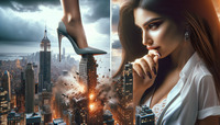 crush city long_hair destruction high_heels brunette skyscraper shoe_crush shirt earrings brown_nails ai_art lordgts