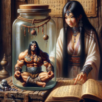 breasts black_hair long_hair barefoot cleavage brown_eyes asian dress muscles table shrunken_man trapped jar red_nails tattoo statue necklace earrings belt bracelet legs_crossed cork barbarian loincloth ai_art poisonpen