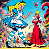 breasts giantess blonde cleavage high_heels brunette socks red_hair dress crown queen wonderland hat alice_in_wonderland vintage hair_bow earrings red_queen alice ai_art poisonpen