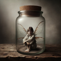 wings barefoot fairy brunette sitting trapped jar looking_at_viewer cork hugging_knee ai_art poisonpen