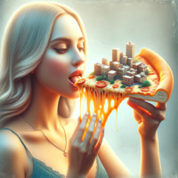 breasts giantess city blonde long_hair eating shrunken_city necklace pizza no_background ai_art poisonpen chees