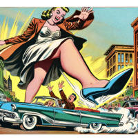 breasts drawing giantess feet city mega blonde comic black_hair skirt high_heels women vehicles screaming jacket vintage necklace earrings bare_legs ai_art