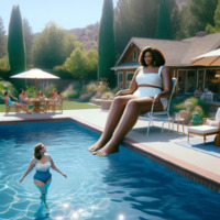 breasts giantess swimsuit toes cleavage brunette mini_giantess sitting dark_skin outdoors beach_chair earrings swimming_pool thick_thighs looking_at_tiny afro ai_art poisonpen
