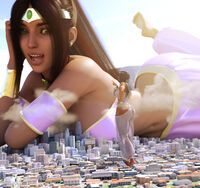 breasts giantess city mega black_hair butt toes barefoot bra buildings brunette multiple_sizes lying_down giantesses pants dark_skin genie jewelry rings earrings bracelet jetslasher hands_on_hips thick_thighs looking_at_tiny digital_render circlet bare_midriff harem_pants