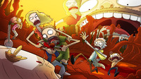 breasts drawing giantess white_hair vore blonde color tongue giant teeth brunette unaware table fighting shrunken_people ripped_clothing running_away spaghetti meatballs rick_and_morty rick_sanchez summer_smith morty_smith beth_smith jerry_smith jollyjolea