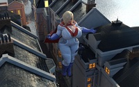 breasts giantess city blonde large_breasts cleavage water gloves god boots bbw costume cape power_girl thick_thighs looking_at_tiny digital_render dc_comics big_elsa darkseid