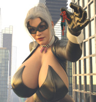 breasts giantess white_hair city mega cleavage buildings huge_breasts gloves reaching collar mask reflection costume thief looking_at_tiny digital_render black_cat spider-man marvel_comics felicia_hardy gtsartistry