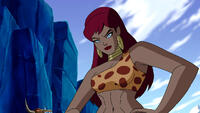breasts giantess mega color blue_eyes cleavage bra smiling giganta red_hair muscles cartoon looking_down ice earrings hands_on_hips justice_league leopard_print dc_comics fluidease