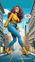 breasts giantess mega long_hair butt high_heels buildings green_eyes jeans street red_hair pants sweater new_york_city belt dialogue mary_jane spider-man marvel_comics ai_art vicariousdreams
