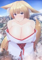 breasts drawing giantess tail mega blonde color cleavage huge_breasts purple_eyes kneeling source_needed dog_ears mutsuki0511