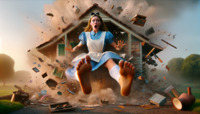 breasts growth giantess destruction toes barefoot skirt shocked outgrowing_building dress alice_in_wonderland hair_bow debris bare_legs alice ai_art poisonpen