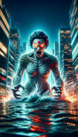 breasts giantess city flood mega black_hair claws water buildings japan monster night scalie glowing_eyes kaiju ai_art poisonpen