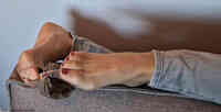feet toes soles jeans trapped indoors red_nails ripped_nylons in_nylons msku