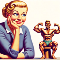 breasts blonde blue_eyes barefoot muscles shorts red_nails flexing vintage looking_at_tiny hair_bun ai_art poisonpen