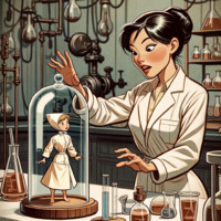 breasts blonde black_hair barefoot brown_eyes asian scientist laboratory test_tubes looking_at_tiny hair_bun labcoat ai_art poisonpen