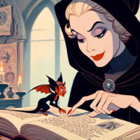 horns tail wings blonde blue_eyes demon brunette tiny red_nails book candle hood looking_at_tiny pointed_ears ai_art poisonpen