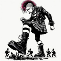 breasts giantess mega skirt purple_hair blood punk police gore boots foot_crush monchrome fist mohawk jacket necklace earrings helmet no_background spikes ai_art poisonpen