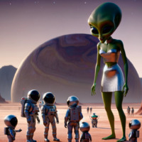 breasts giantess mega alien planet barefoot skirt desert black_eyes mountains necklace top astronauts helmet green_skin pointed_ears bare_midriff looking_at_tinies ai_art poisonpen