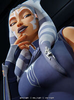 breasts giantess horns alien armor blue_eyes climbing gloves crawling star_wars shrunken_man tattoo helmet blue_nails looking_at_tiny digital_render orange_skin togruta stormtroopers ahsoka_tano jedi env_light lekku