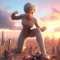 breasts giantess white_hair giga city mega large_breasts armor destruction blue_eyes buildings green_eyes ginormica short_hair kneeling skyscraper sneakers fist monsters_vs_aliens jumpsuit susan_murphy dreamworks zboczony ai_art