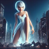 breasts giantess white_hair city mega destruction cleavage buildings ginormica short_hair kneeling wedding_dress night bride monsters_vs_aliens necklace bare_legs susan_murphy zboczony ai_art