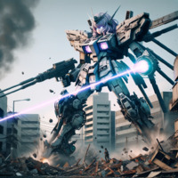 giantess city mega mecha destruction blue_eyes rampage anime purple_hair guns debris glowing_eyes lasers ai_art poisonpen