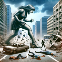 breasts giantess destruction barefoot rampage skirt angry street vehicles fist debris yelling roar grey_skin ai_art poisonpen