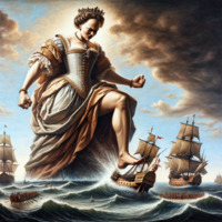 breasts giantess mega destruction ocean brunette spanish dress crown queen necklace ships earrings bracelet wading elizabeth armada ai_art poisonpen