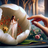 barefoot red_hair dress shrunken_woman flowers lotus thumbelina ai_art poisonpen