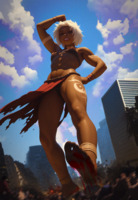 breasts giantess white_hair crush city mega upskirt destruction barefoot rampage bra blood muscles big abs dark_skin flexing tattoo hands_on_hips ureich loincloth ai_art