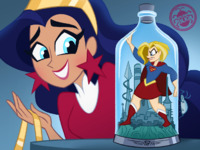 breasts drawing city blonde black_hair color blue_eyes skirt boots supergirl bottle table shrunken_woman trapped shrunken_city costume wonder_woman cape earrings tiara hairband lasso looking_at_tiny dc_comics bare_legs kandor spunkbug bottle_city dc_super_hero_girls