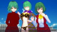 breasts giantess sexy tail clothed crossover bra touhou fairy brown_eyes yellow_eyes green_hair big lesbians giantesses sweater point_of_view looking_at_viewer digital_render hikage vest yuuka brandish crazyredhair senran kagura