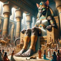 breasts giantess furry mega barefoot cleavage green_eyes cat_ears goddess egypt dress kneeling crown cat_girl throne worshipers temple bare_legs black_skin bastet ai_art poisonpen