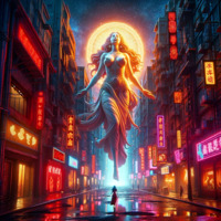 giantess city mega long_hair barefoot skirt buildings topless goddess street night earrings halo belt stars sacred floating ishtar neon ai_art poisonpen red_light_district