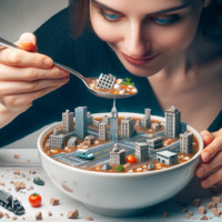 giantess city blue_eyes brunnette street spoon vehicles bowl shrunken_city food_play soup no_background ai_art poisonpen