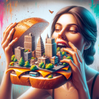giantess vore city mega handheld brunette brown_eyes cheese open_mouth vehicles butterfly shrunken_city bread hamburger ai_art poisonpen