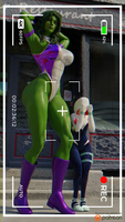 breasts giantess city large_breasts posing green_hair mini_giantess boots muscles mask photoshoot costume leotard hood green_skin digital_render gwen_stacy she-hulk marvel_comics spider-gwen ci0