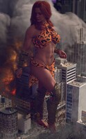 breasts giantess city mega armor destruction barefoot rampage bra skirt buildings giganta red_hair foot_crush bracelet leopard_print cracked_pavement digital_render dc_comics bare_midriff allthesizepuns