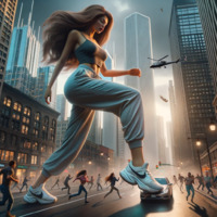 breasts giantess city mega long_hair buildings helicopter brunette street foot_crush vehicles sneakers top crowds running_away sweatpants ai_art lordgts