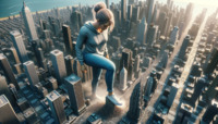breasts giantess city mega blonde destruction water jeans foot_crush skyscraper sneakers hoodie hair_bun buildigs ai_art lordgts