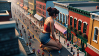 breasts giantess city mega black_hair barefoot street kneeling shorts top crowds hair_bun hands ai_art lordgts