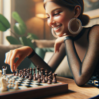 brunette smiling chess fishnets shrunken_man indoors earrings looking_at_tiny hair_bun chessboard ai_art lordgts